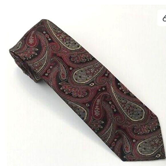 BILL ROBINSON Men's Tie & Hanky Paisley Red Black Beige 58L 3.5W MINT Retail$89 - Picture 9 of 11